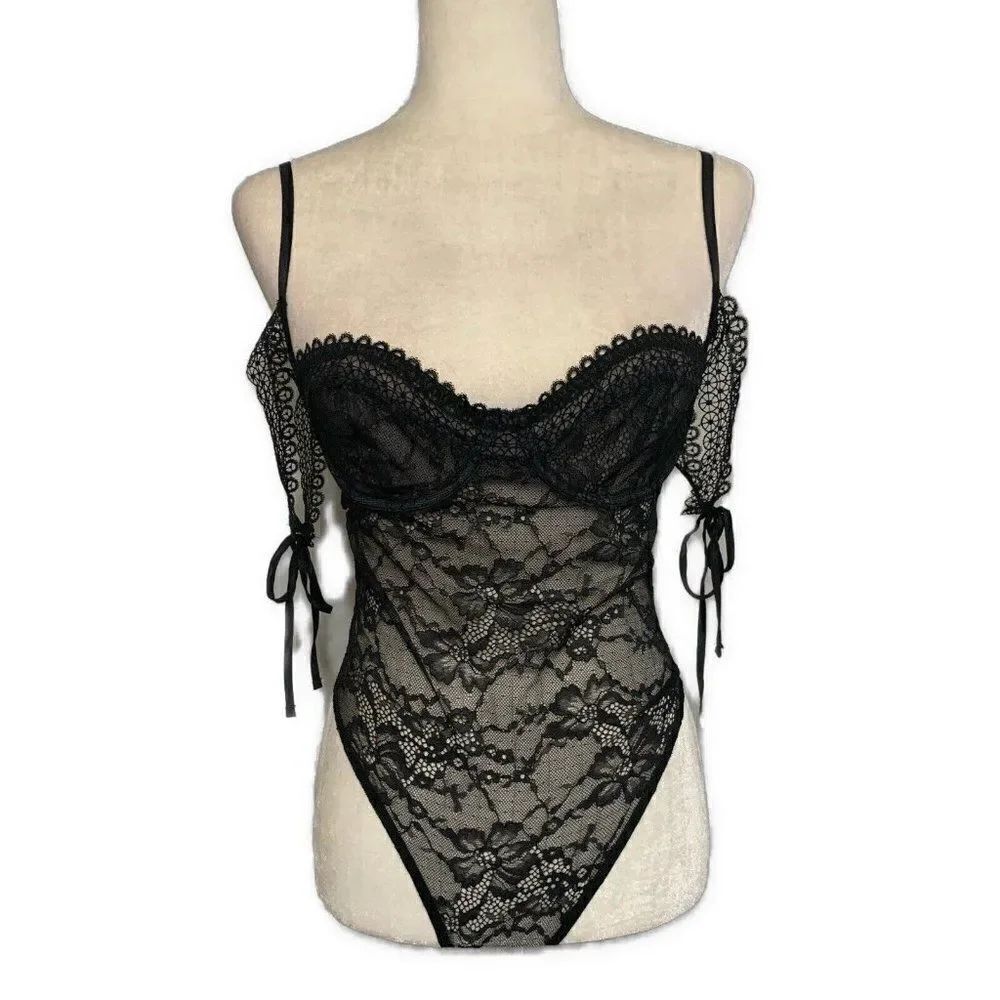 Victorias Secret Solid Black Lace Bodysuit Lingerie 32C